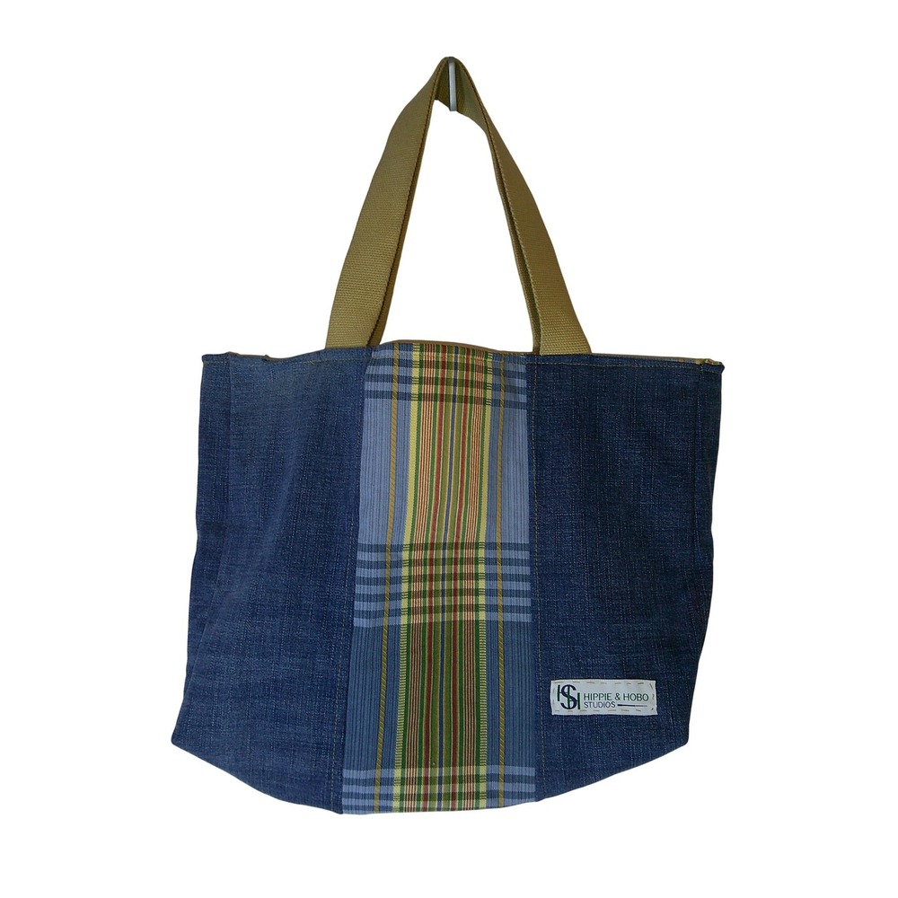 Hippie & Hobo Studios The Plaid Wrangler Upcycled Denim Plaid Tote Bag